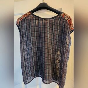 ZARA Plaid Sheer Top with Floral Accents